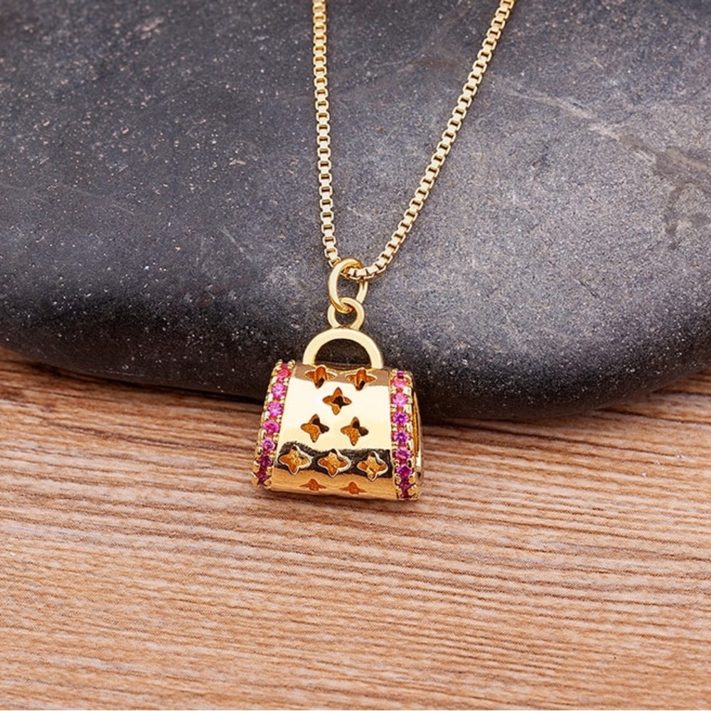 Gold-Tone Pink Crystal Mini Purse Pendant Necklace - Women Jewelry